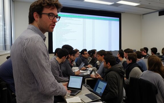Data processing team intensely reviews code on a large screen; focused collaboration in a tech meeting. A leader guides the discussion.