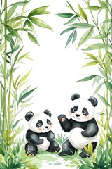 Naklejka premium Charming illustration of playful pandas surrounded by lush bamboo a delightful nature scene perfect for kids' decor and wildlife enthusiasts