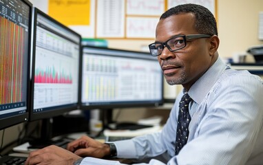 Focused Data Analyst: Analyzing complex financial data on multiple screens. A serious expression reflects intense concentration and dedication to work.