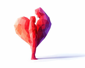 Low-poly couple forming heart, love concept, white background, graphic design element.