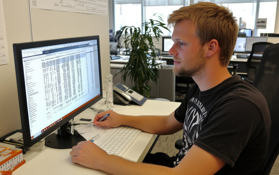 Focused Data Analyst meticulously processing complex spreadsheet data on his computer, immersed in his work in a modern office setting.