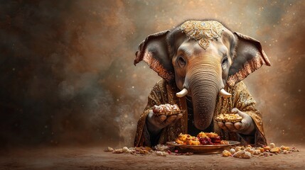 Fototapeta premium A majestic elephant adorned in a golden embroidered robe gracefully carries a tray of sweet treats showcasing a unique and joyous concept