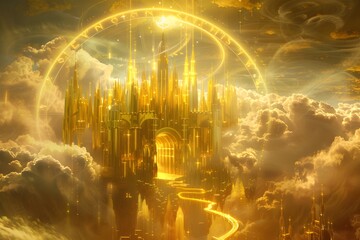 Golden city floats above clouds pathway leads to gate.