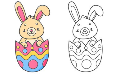 Rabbit in the Easter egg coloring book with coloring example for kids. Coloring page with cute bunny. Black and white and color version. Vector children's illustration.