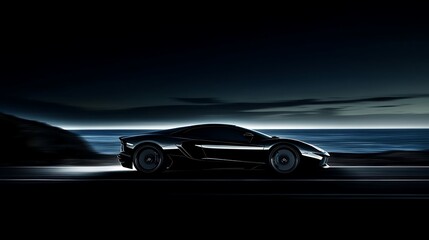 Obraz premium Black car speeds by sea.