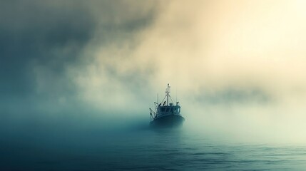 Obraz premium Solitary fishing vessel navigating dense fog at sea.