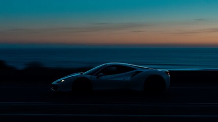 Obraz premium Car speeding by coast at dusk.