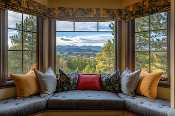 Fototapeta premium Cozy window nook with cushions overlooking a scenic mountain view.