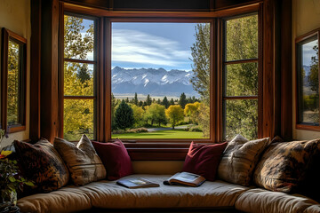 Fototapeta premium Cozy window nook with mountain view, inviting relaxation and contemplation.