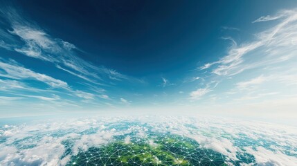 Aerial view of green landscape with network connection lines under a bright blue sky and fluffy clouds.