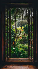 A serene view through an open window showcasing a lush, green forest landscape.