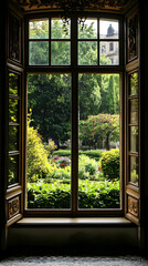 Fototapeta premium A view through an ornate window showcasing a lush garden filled with greenery and flowers.