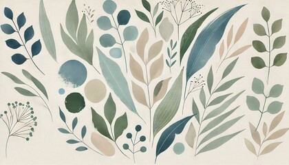 A minimalist watercolor pattern of abstract leaves and plants in soft shades of green, blue, and beige, designed for wellness, eco-friendly, or organic product branding, with a clean and calming.