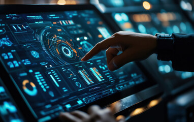 Navigating the Digital Frontier: A hand interacts with a futuristic data interface, showcasing vibrant visuals and complex information streams.