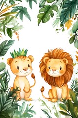 Fototapeta premium Adorable lion characters with nature elements perfect for kids' illustrations and storybooks featuring playful design and colorful aesthetics