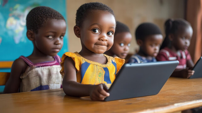 Children Learning Finance Basics with Tablets in Classroom for Financial Inclusion