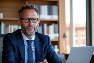 A well-dressed businessman with a beard sits at a desk in a modern office environment, emphasizing professionalism and approachability with a warm demeanor.