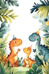 Delightful dinosaurs celebrate together a charming illustration of two playful dinos amidst lush greenery and party hats