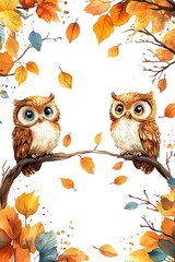 Obraz premium Charming owls amidst a fall landscape a whimsical illustrative journey through autumn's colors and nature's creatures