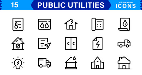 Public Utilities Icon Pack, Modern, Scalable Line Art for Water, Electricity, Waste Management & Public Services.