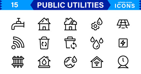 Public Utilities Icon Pack, Modern, Scalable Line Art for Water, Electricity, Waste Management & Public Services.