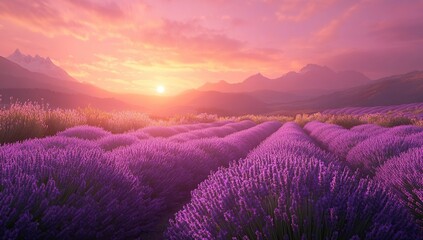 Lavender Fields Sunset: Serene Mountain Landscape with Purple Flowers during Golden Hour