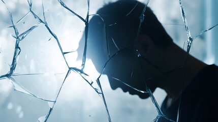 Reflection of turmoil through shattered glass at dawn