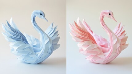Obraz premium Two origami swans, light blue and pink, elegant paper art.