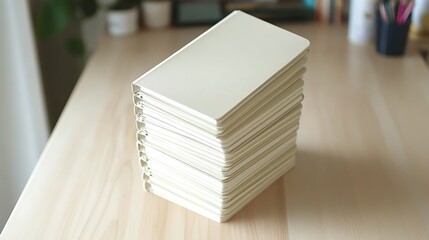 Stacked journals on wood desk.