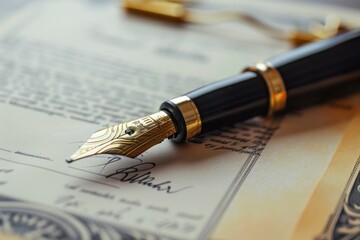 Fototapeta premium Elegant fountain pen resting on signed contract with us currency