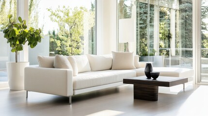 Minimalist modern room with sophisticated, clean decor. Featuring sleek lines and muted colors