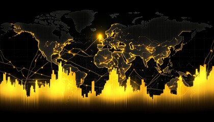 Global Stock Market Growth, Financial Chart, Lines, And Connected Dots On Black Background