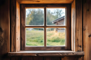 A wooden window frame reveals a serene outdoor landscape with greenery and a rustic building.