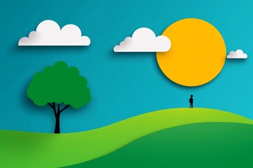 Fototapeta premium A flat design of a lone tree on a hill under a vast open sky, drawn with soft colors and simple lines