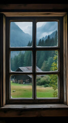 Fototapeta premium A serene view through a window showcasing mountains, trees, and a rustic cabin.