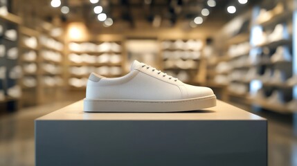 White sneaker displayed on a pedestal in a shoe store.