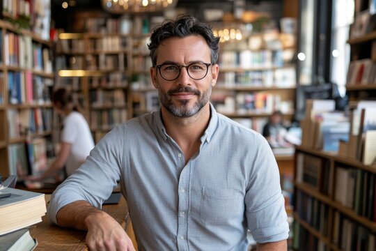 A well-dressed man with glasses sits in a bookstore, creating an atmosphere of warmth and intellectual curiosity, perfect for book lovers or coffee enthusiasts.