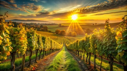 Fototapeta premium Sunrise Vineyard Photography: Lush Grapevines, Golden Hour, Row Crop, Wine Country Scenery, Autumn Harvest