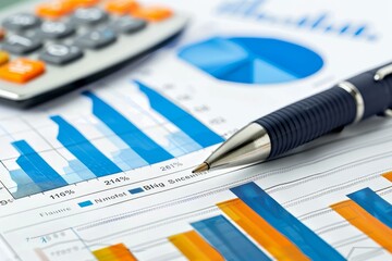 Pen and calculator resting on financial charts displaying business success