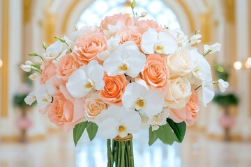 A floral display in a luxury boutique, with fresh orchids and peonies adding elegance and charm to the decor