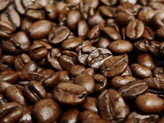 Closeup of roasted coffee beans in a coffee machine, showcasing their rich aroma, freshness, and the art of coffee preparation