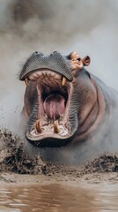 Hippopotamus with mouth wide open in muddy water.