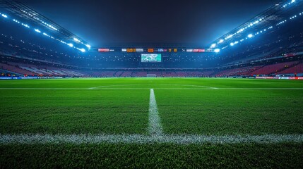 Night stadium, soccer field, green grass, bright lights, empty seats.