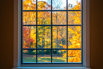 Fototapeta premium A window view showcasing vibrant autumn foliage in a serene outdoor setting.