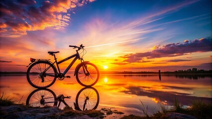 Fototapeta premium Sunset Silhouette Electric Bike Pond Beach Photography, Bezdrev Lake Evening Bicycle Scene