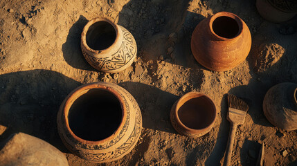 Collection of Ancient Clay Pots and Vases Discovered in Archaeological Dig Site