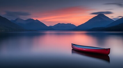 Canoe on calm lake at dusk.