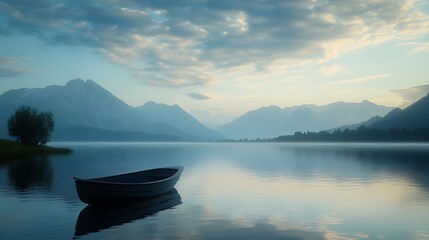 Serene lake, boat, mountains.