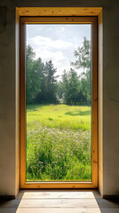 Fototapeta premium A wooden-framed window reveals a serene green landscape with trees and wildflowers.
