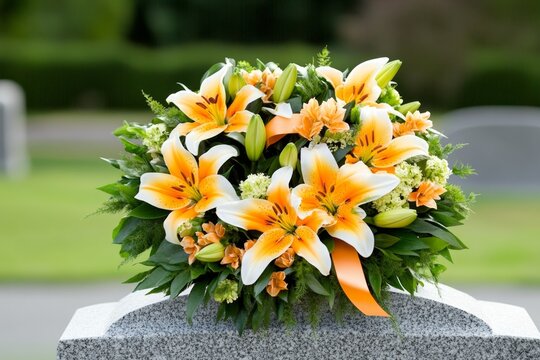 A funeral wreath with lilies and ribbons, placed against a gravestone with an engraved epitaph